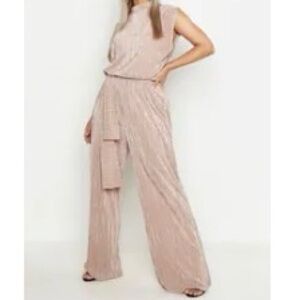 Boohoo Bronze Pleated Jumpsuit – Sleeveless High Neck Wide Leg Sz16